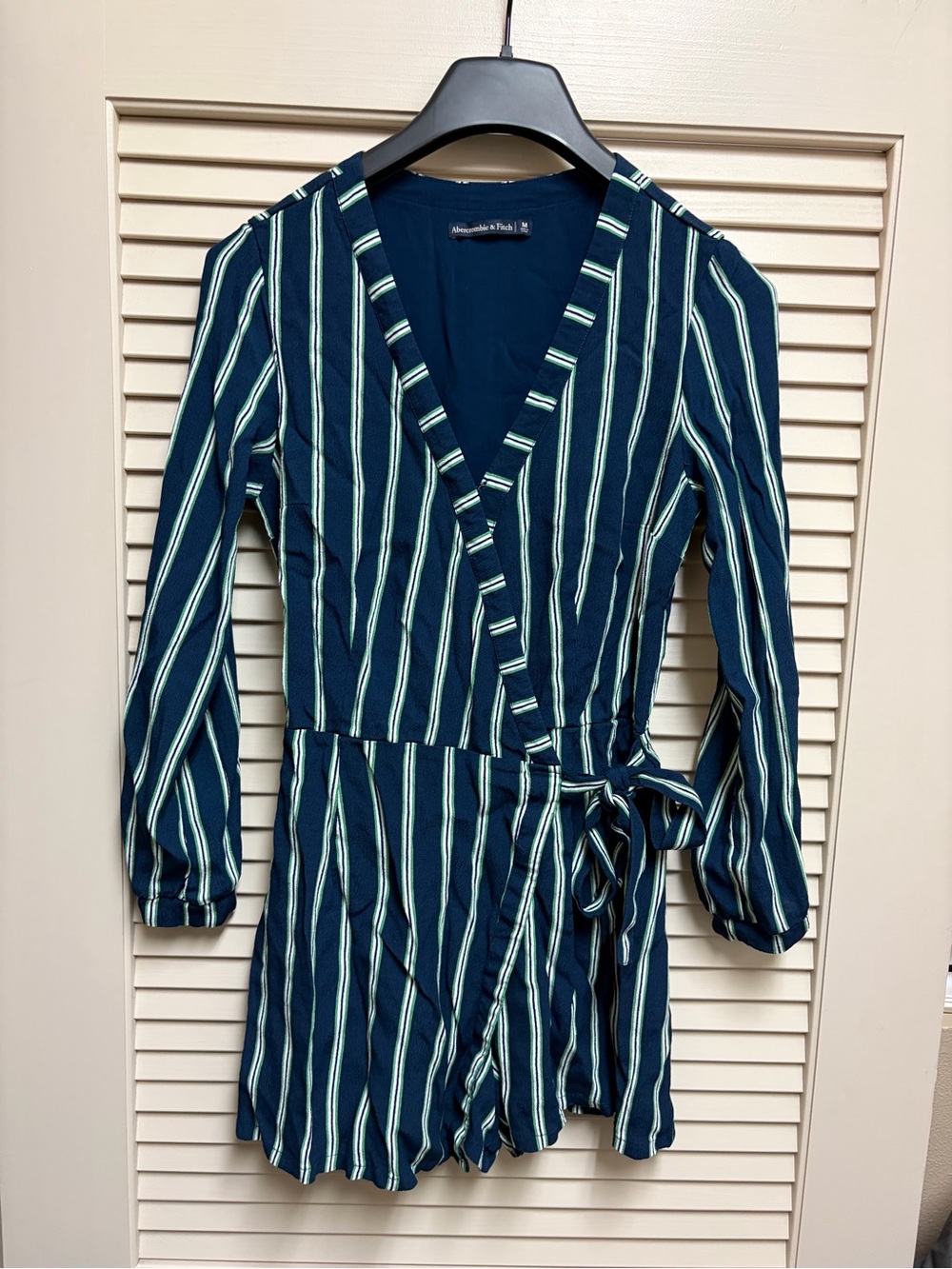 Abercrombie & Fitch Women M Striped Wrap Romper Navy Green Long Sleeve Tie Beach